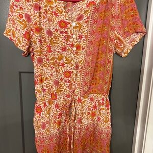 Button-Front Floral Romper  in Pink & Gold size XS